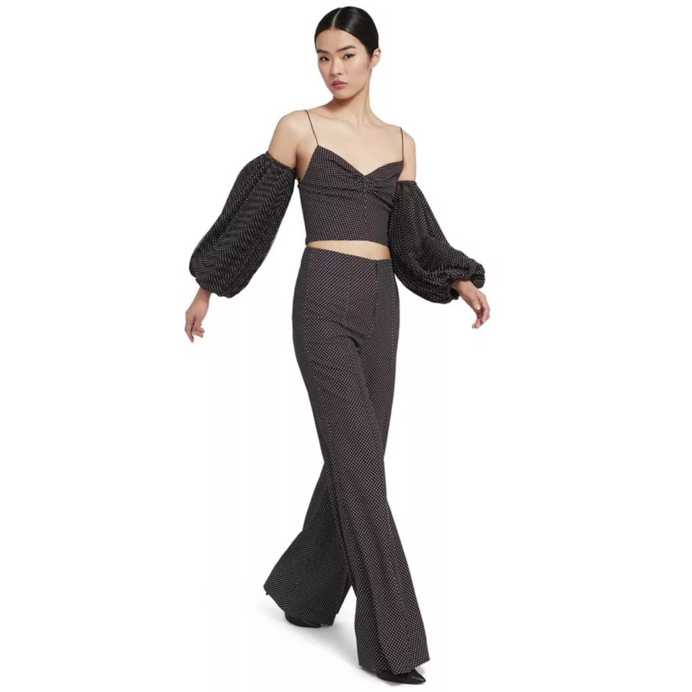 Alice + Olivia Black Polka Dot Wide-Leg Jumpsuit with Detachable Puff Sleeves